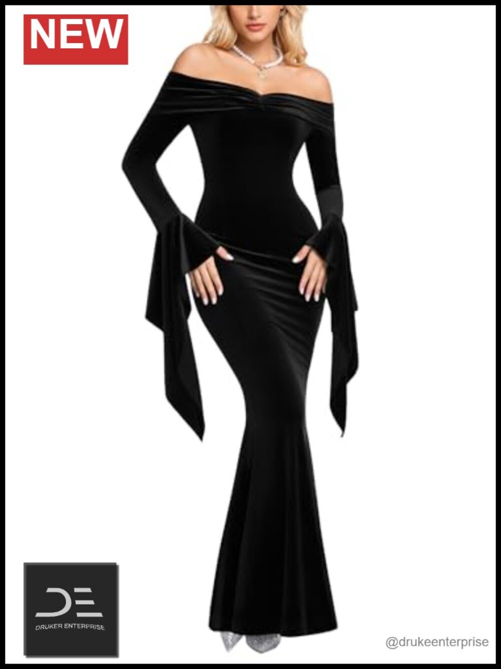Velvet Off Shoulder Lace Maxi Wedding Dress Bell Sleeve Mermaid Gown